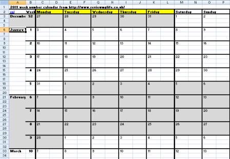 Here is a free downloadable Excel calendar for 2011 that has the days of the 